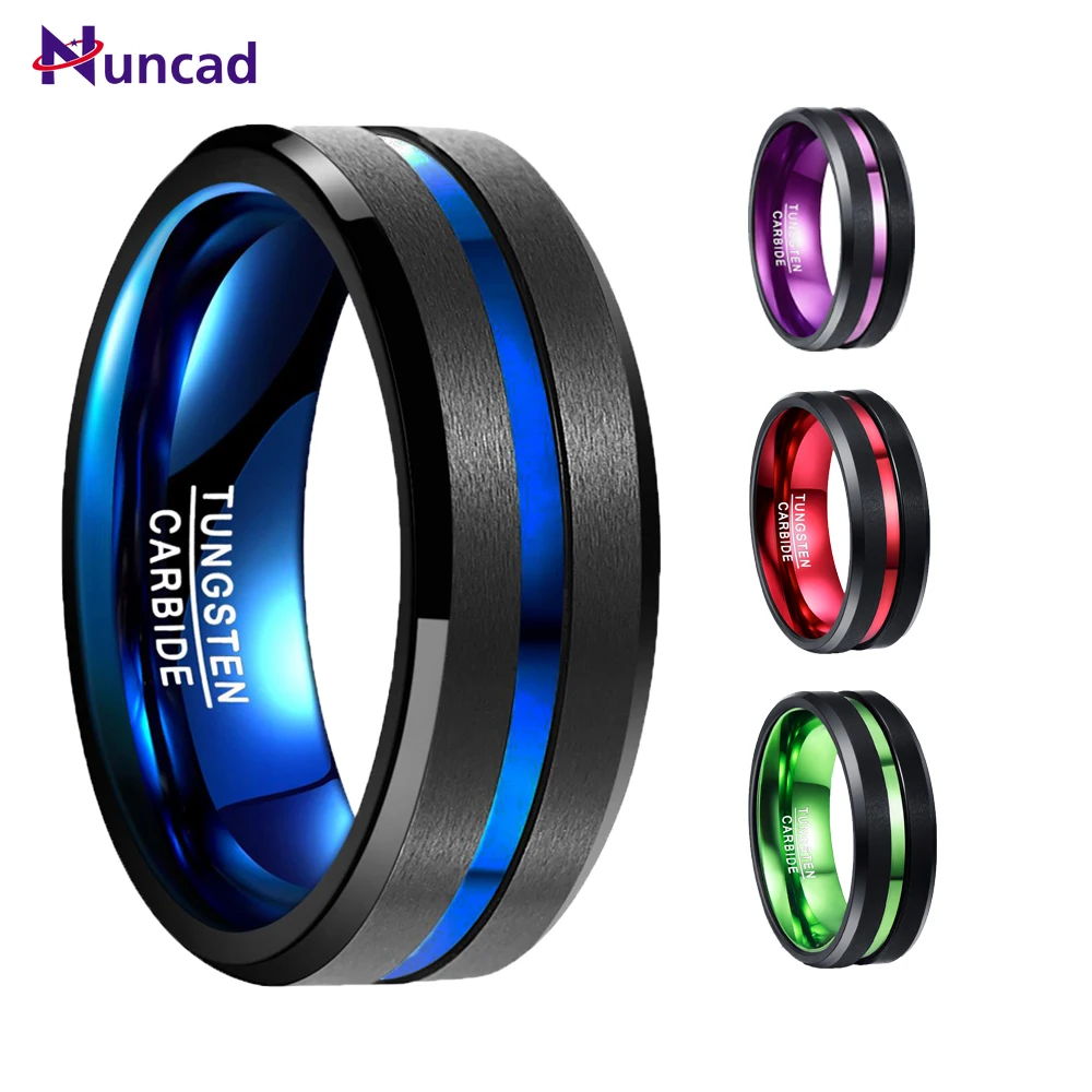 NUNCAD Men's 8mm Tungsten Carbide Ring Blue  Purple Tungsten Steel Ring Beveled Edge Wedding Band Size 4-17 Comfort Fit hot sell