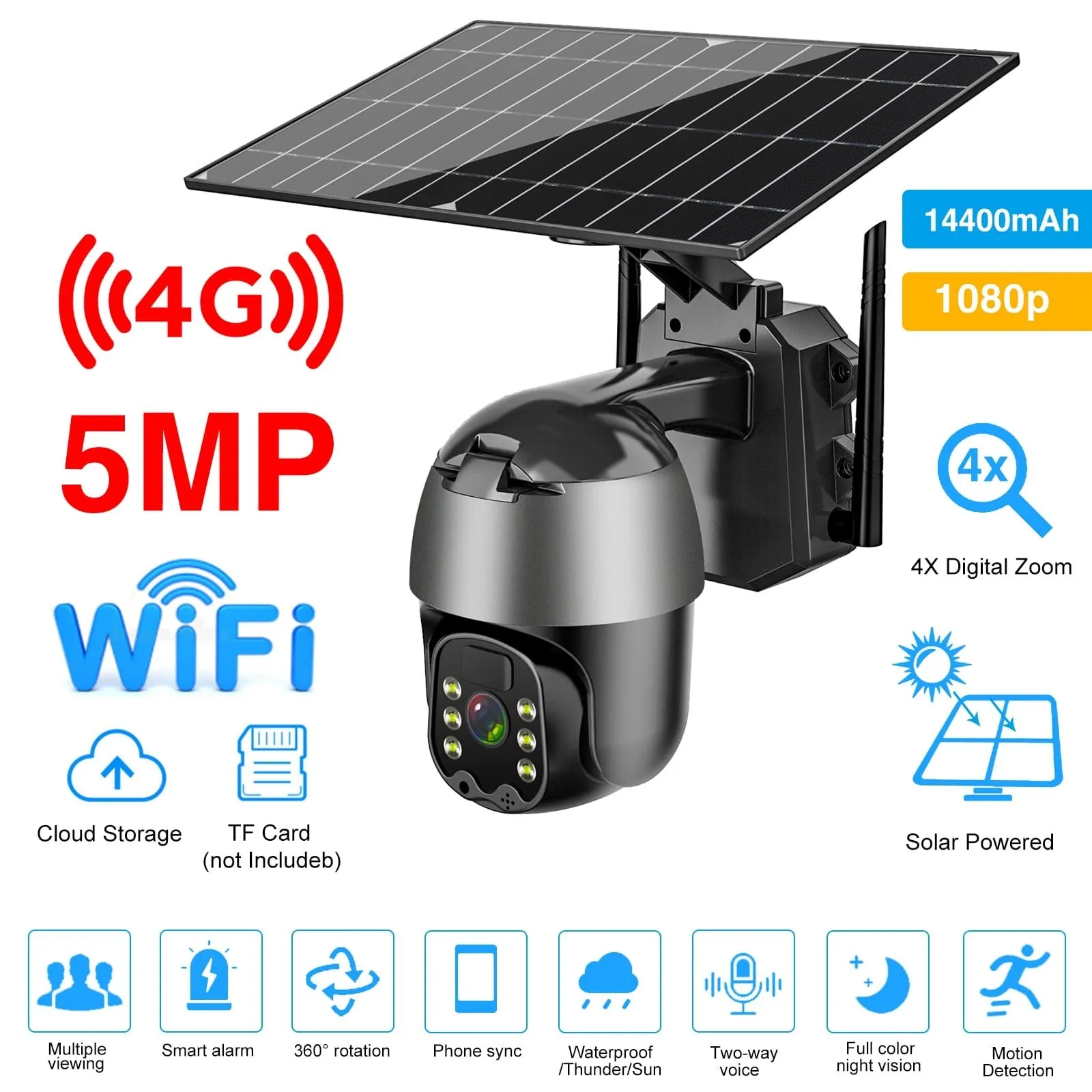 

Камера видеонаблюдения на солнечной батарее, 5 МП, 4G, Wi-Fi, PTZ