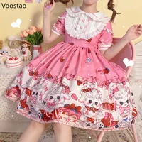 Japanese Kawaii Lolita OP Dress Girls Sweet Strawberry Dessert Print Lace Peter Pan Collar Party Dresses Women Cute Vestidos