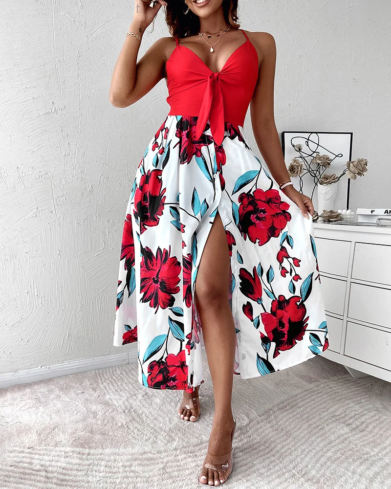 

Chicme Summer Women Floral Print Knotted Front Button Design Maxi Dress Casual Femme Spaghetti Strap V-Neck Maxi A Line Boho Dre