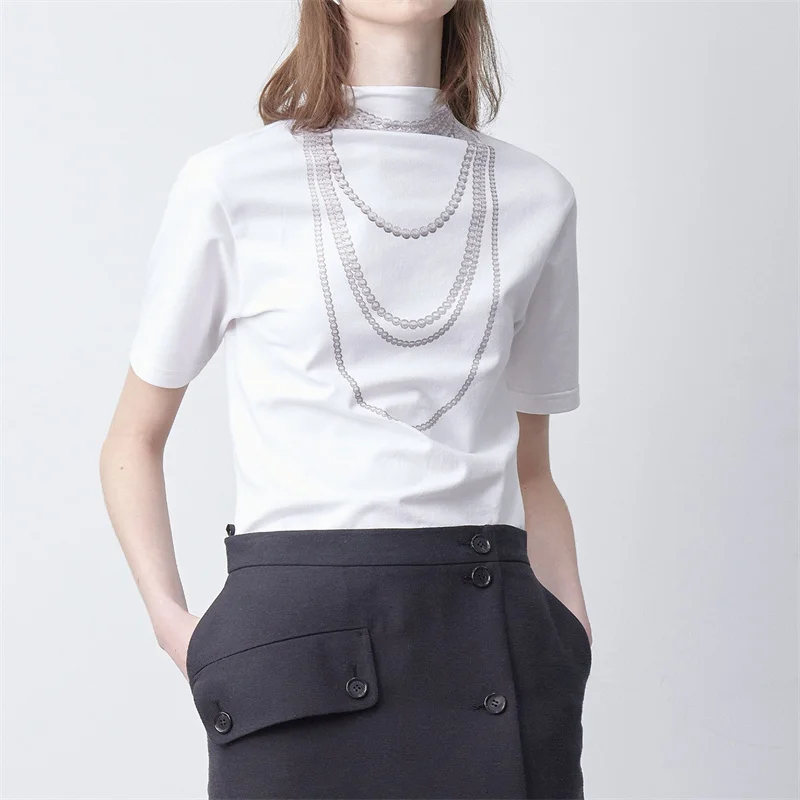 

Pearl necklace print small high neck short-sleeved T-shirt designer paragraph bottoming shirt female 2022 autumn and winter new