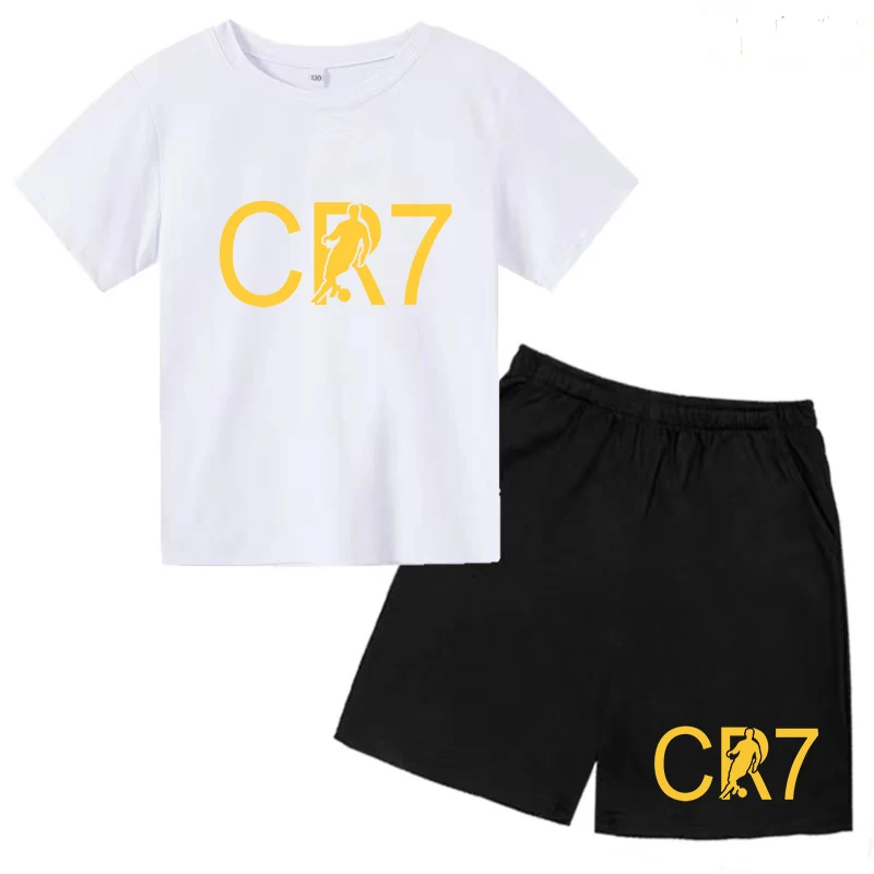 Children's Summer Sports Training T-shirt Set CR7 Boys Casual Girls Fashion Top + Shorts 2-piece Set Popular Cotton Short Sleeve