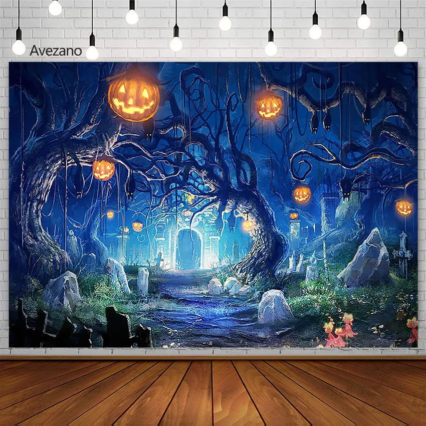 

Фон для фотостудии с изображением счастливого дневного леса кладбища тыквы фонаря черепа праздничного декора