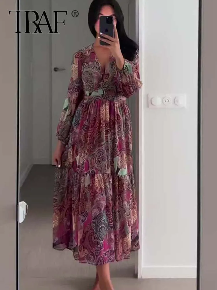 

TRAF 2023 Print Cut Out Midi Dress Woman Vintage Chiffon Long Dress Women Summer Long Sleeve Elegant And Pretty Women's Dresses