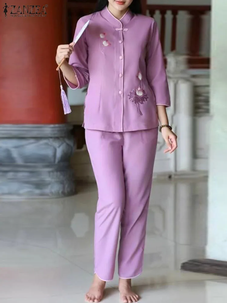 

Vintage Buckle 3/4 Sleeve Top Suits ZANZEA Women Chinese Traditional 2pcs Sets Casual Loose Pant Outfits 2023 Autumn Retro Sets