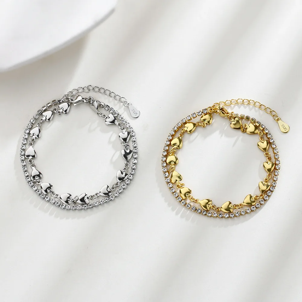 

VENTFILLE 925 Stamp Silver Gold Color Love Heart Bracelet for Women Girl full Crystal 2 Layers Jewelry Luxury Gift Dropship