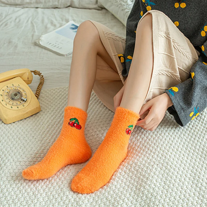 New Winter Autumn Velvet Socks Cute Fruit Socks Thicken Warm Women Socks Sleep Socks Girls Home Floor Bedroom Sox Harajuku Gift