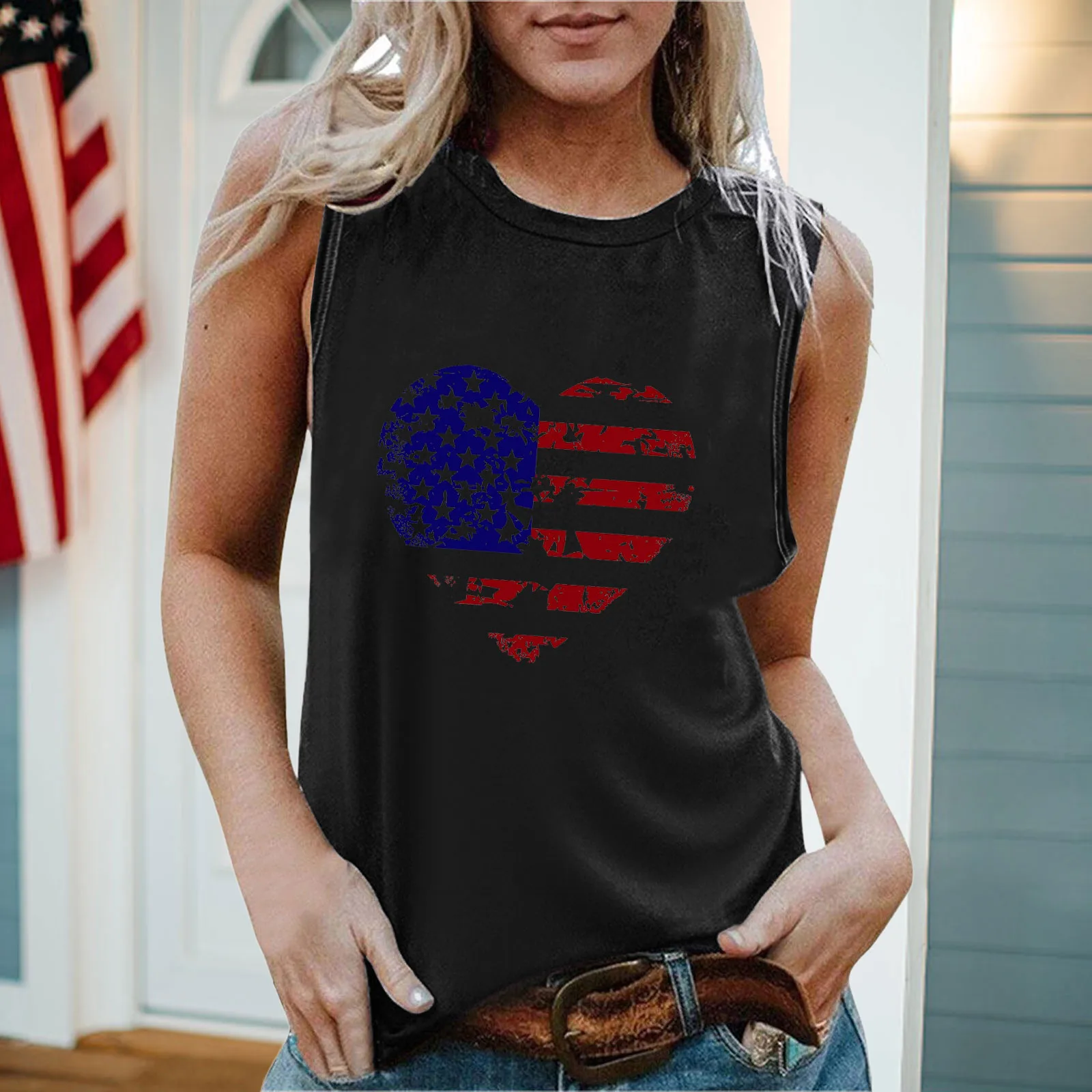 

Жилет женский с принтом, повседневная майка с круглым вырезом, без рукавов, с американским флагом, лето 2022