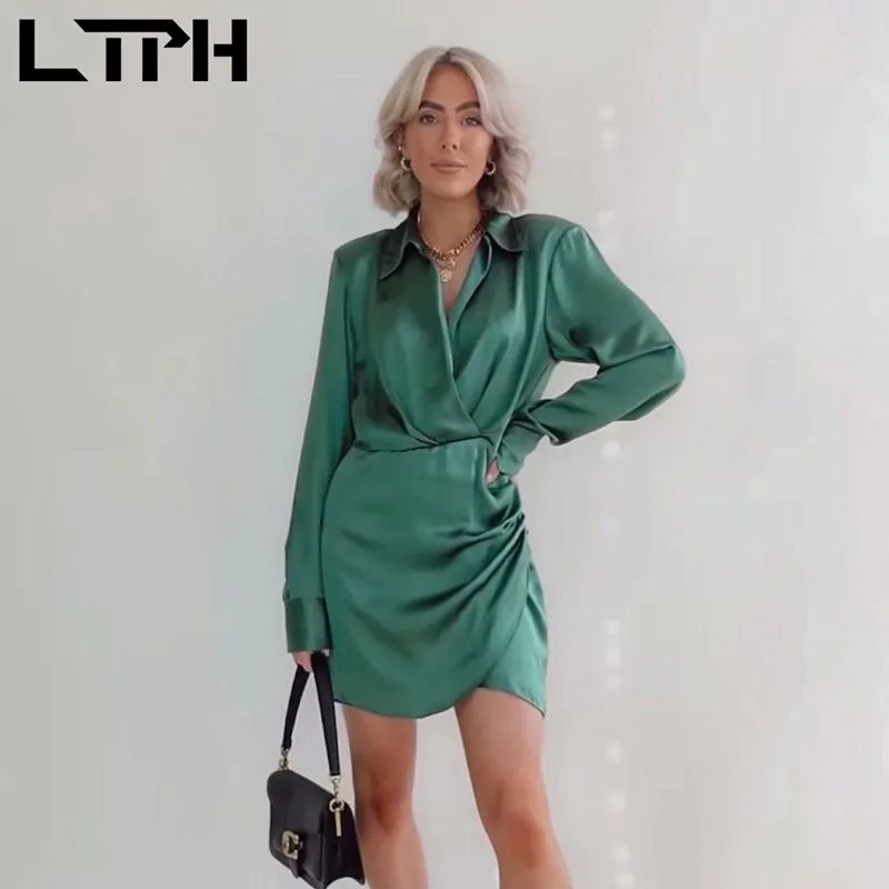 

LTPH vintage double placket satin dress mini elegant long sleeve solid texture green body package hip dresses 2022 spring new
