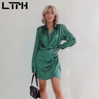 ltph vintage double placket satin dress mini elegant long sleeve solid texture green body package hip dresses 2022 spring new