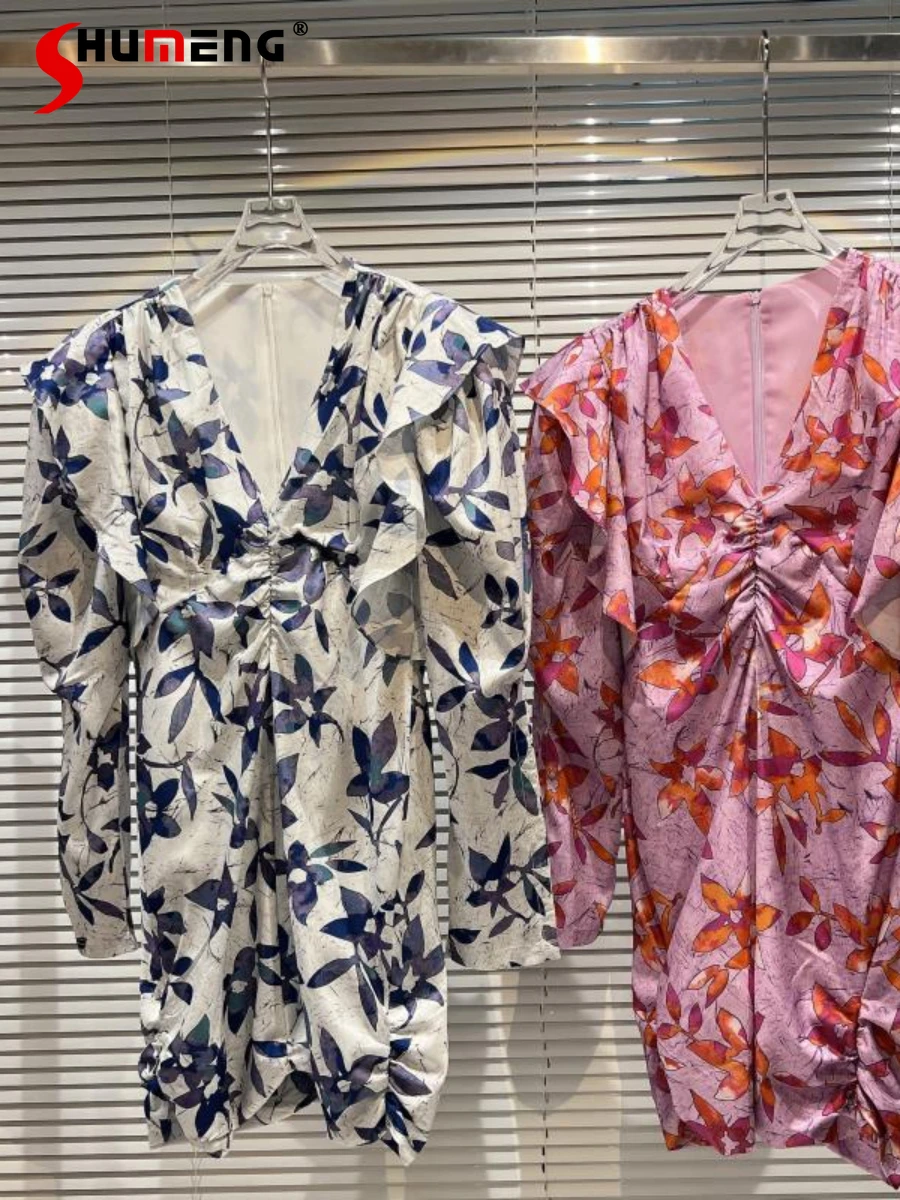

2022 Summer New Women Fashion Classic Style V-neck Pullover Blouses Ladies Elegant Pleated Collar Floral Flappy Sleeve Shirt Top