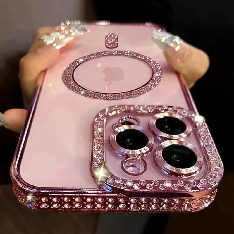 New Fashion Glitter Diamond Transparent Case For iPhone 16 15 14 13 11 12 Pro Max Plus Magnetic Wireless Charge Bumper Cover