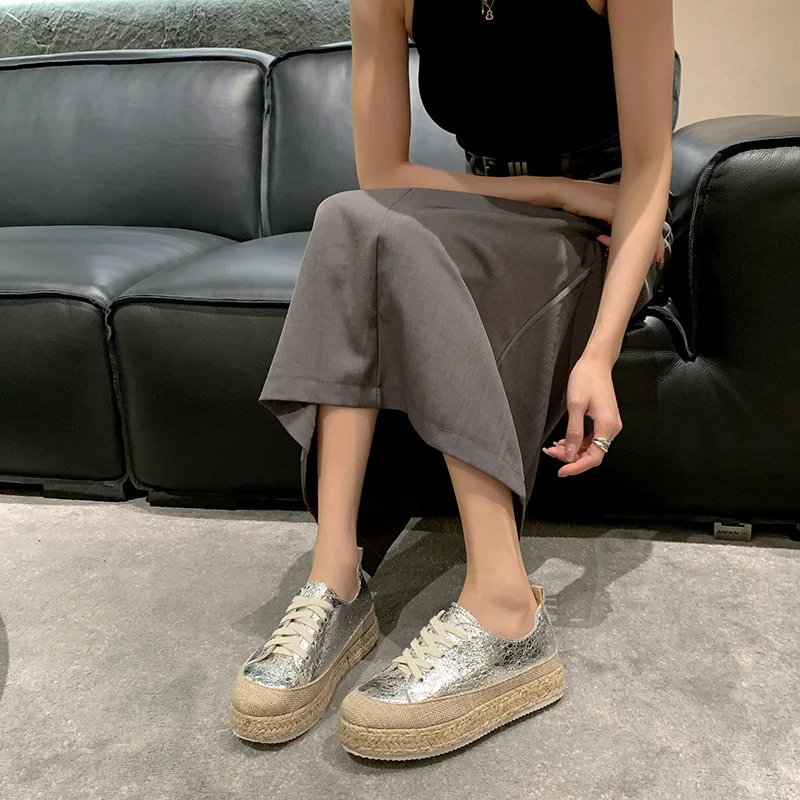 Women Sneakers Woven Gold Sequins Single Shoes Round Head Lace-Up Retro Platform Flats Shoes Light Cozy Walking Vulcanized Shoes