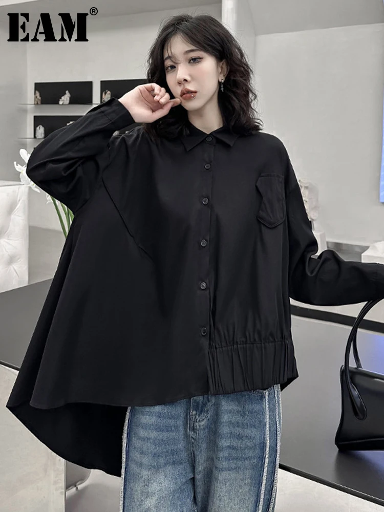 

[EAM] Women Black Irregular Back Long Big Size Blouse New Lapel Long Sleeve Loose Fit Shirt Fashion Spring Autumn 2023 1DF5598