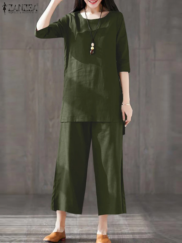 

Костюм спортивный ZANZEA женский хлопковый, комплект из двух предметов, винтажная блузка с рукавом до локтя и брюки, повседневный костюм, на ле...