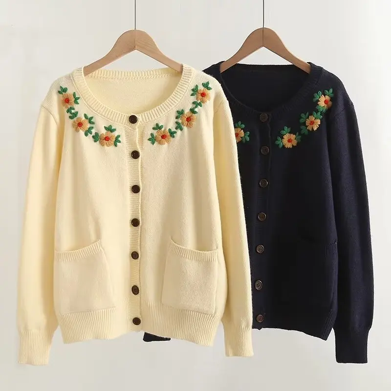 

Embroidery Sweater Cardigan Women Autumn Winter Coat Janpan Style Pockets Design Sweet Long Sleeve Knit Cardigan femme