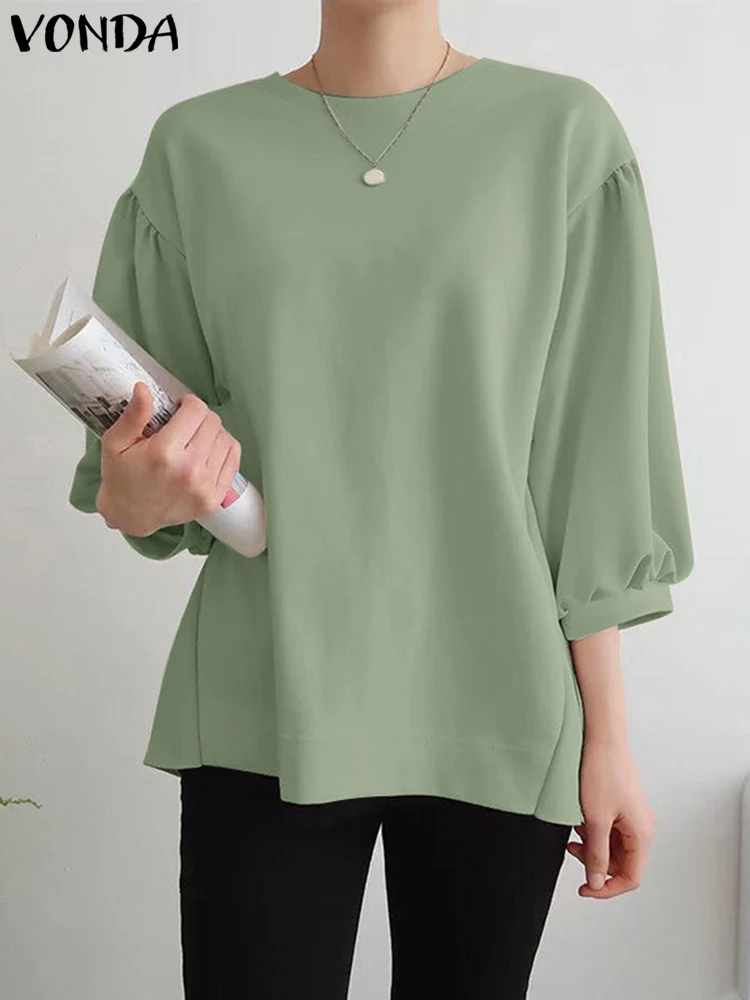 

Женские повседневные свободные рубашки 2023, летняя однотонная блузка с рукавом 3/4 VONDA, элегантные топы с рукавами-фонариками, модные блузы большого размера