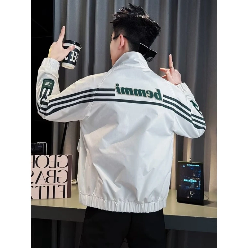 2024 New Autumn clothes Men's Stand Collar Jacket Korean Sle Trendy Handsome Stripe Top Youth All-Match Casual Outerwear