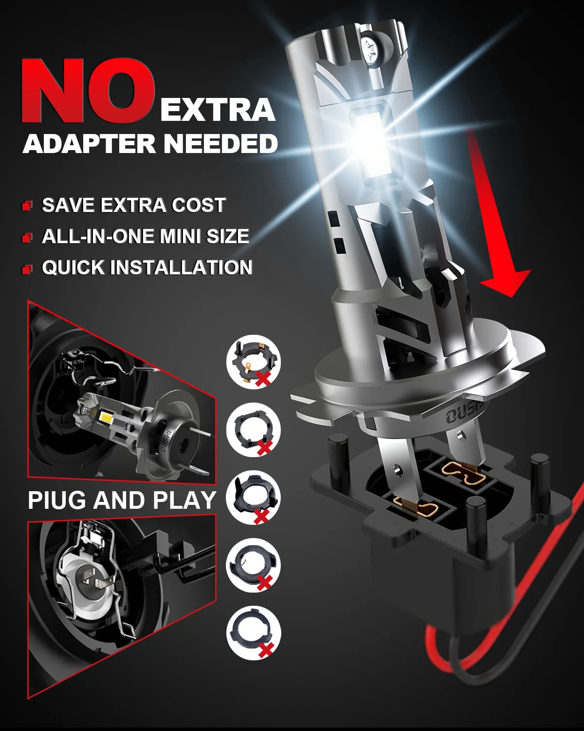 Фото OUSHI 2x High Power New H7 Led Автомобильная фара H18 Автомобильная лампа 6000K Белый свет DRL с вентилятором для Seat Ibiza 2017 ~ 2023 Противотуманные фары Led №3