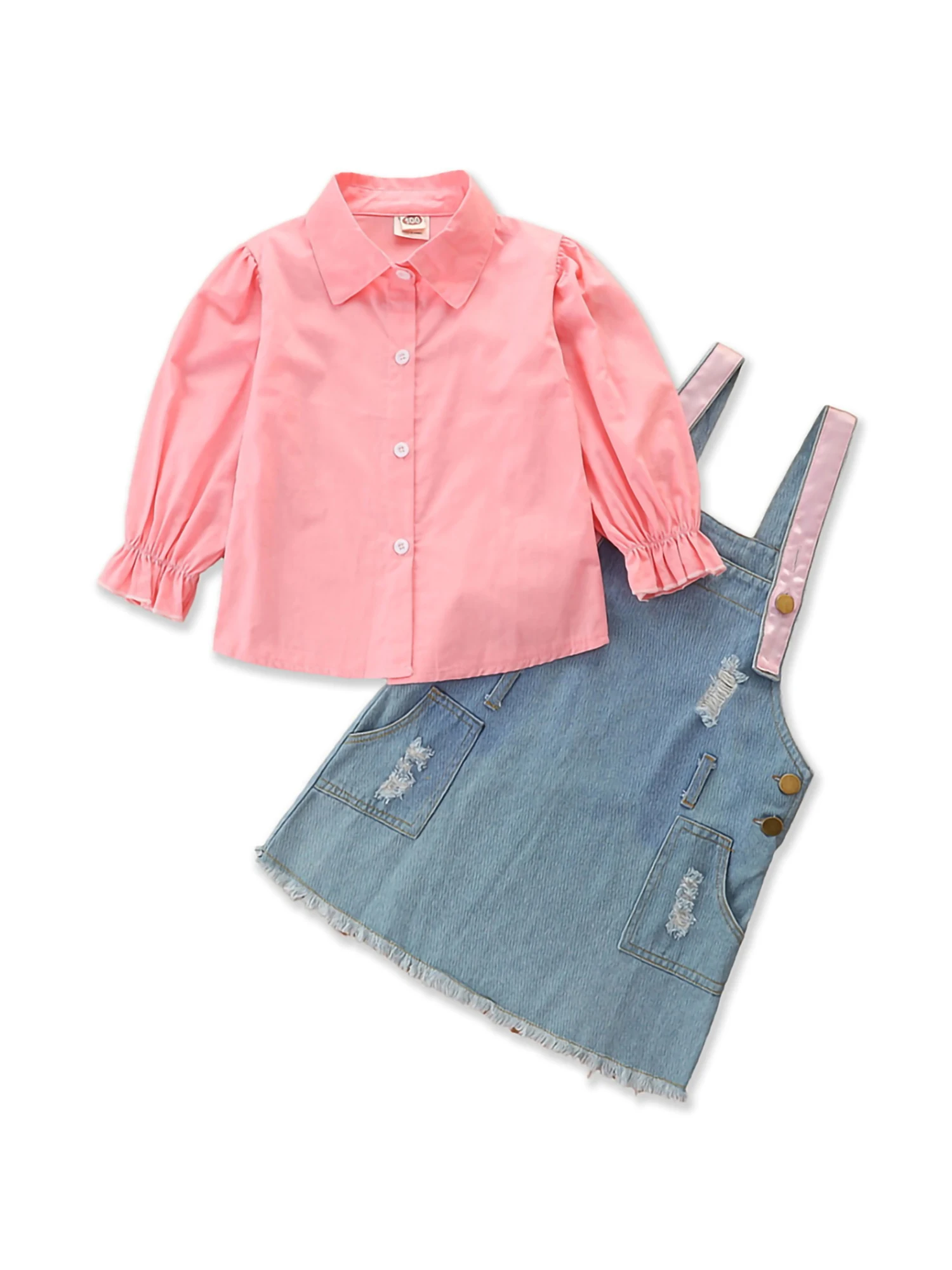 

Aojekbee Little Kids Girls 2 Pieces Clothes Set Toddler Lapel Collar Long Sleeve Elastic Cuff Button-Down Blouse Denim