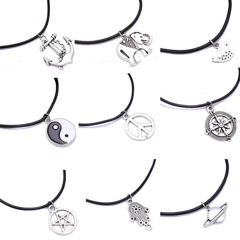 Enamel Yin Yang Pentagram Elephant Anchor Saturn Peace Sign Necklace Pendant Genuine Leather Choker Hippy For Women Jewelry Gift