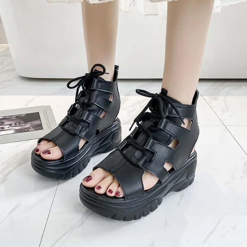 

Ladies Sandals Ladies Casual Shoes PU Solid Color Fish Mouth Shape Thick Bottom and High Top Lace Ladies Sneakers Women Sandals