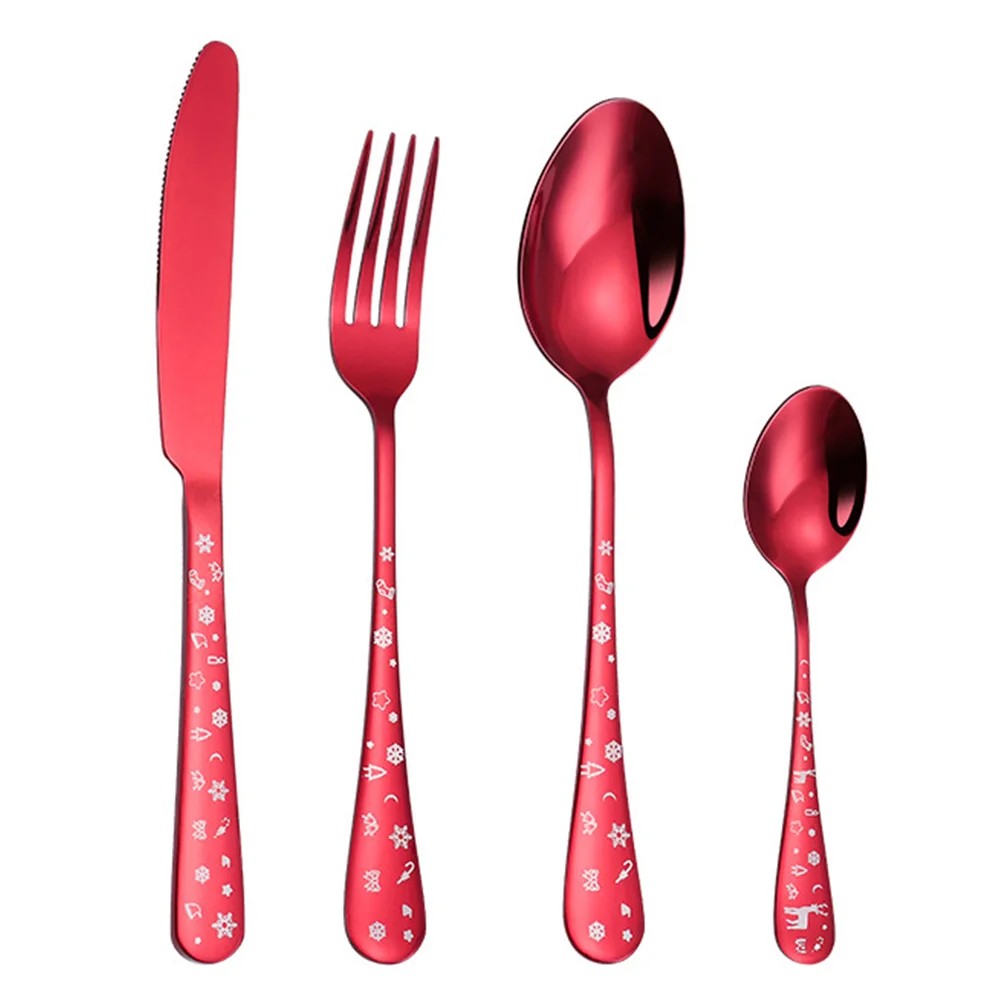 

Christmas Knife Fork Four Pieces Portable Forks Spoon Dinnerware Kit Tableware Stainless Steel
