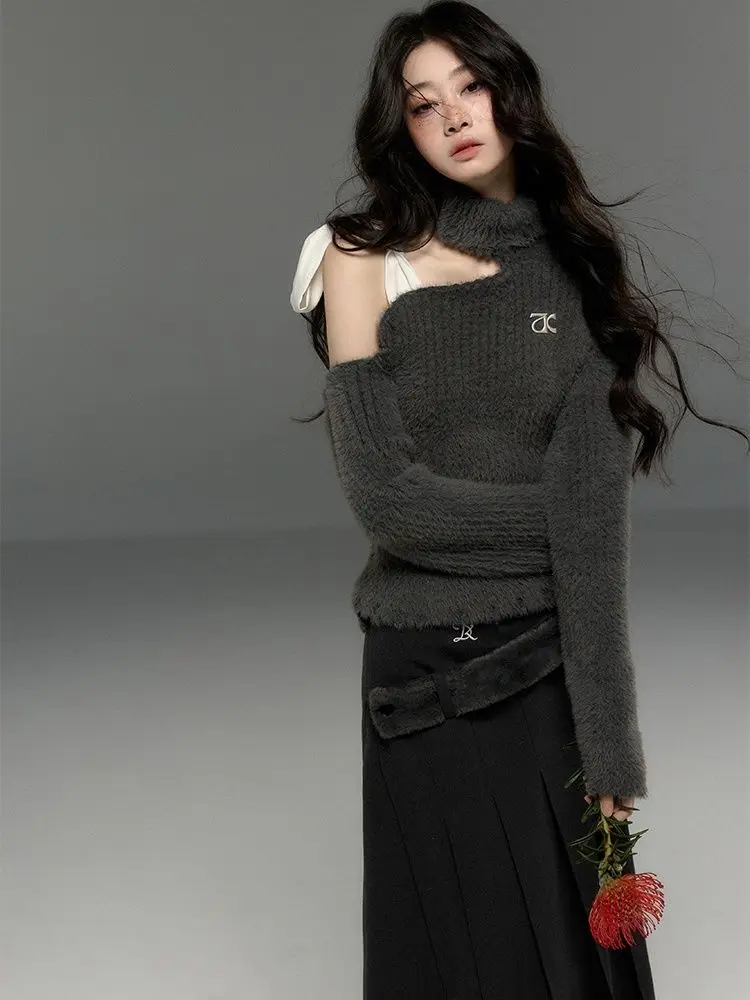 Женский кашемировый свитер с бантом свободный винтажный открытыми плечами Y2k