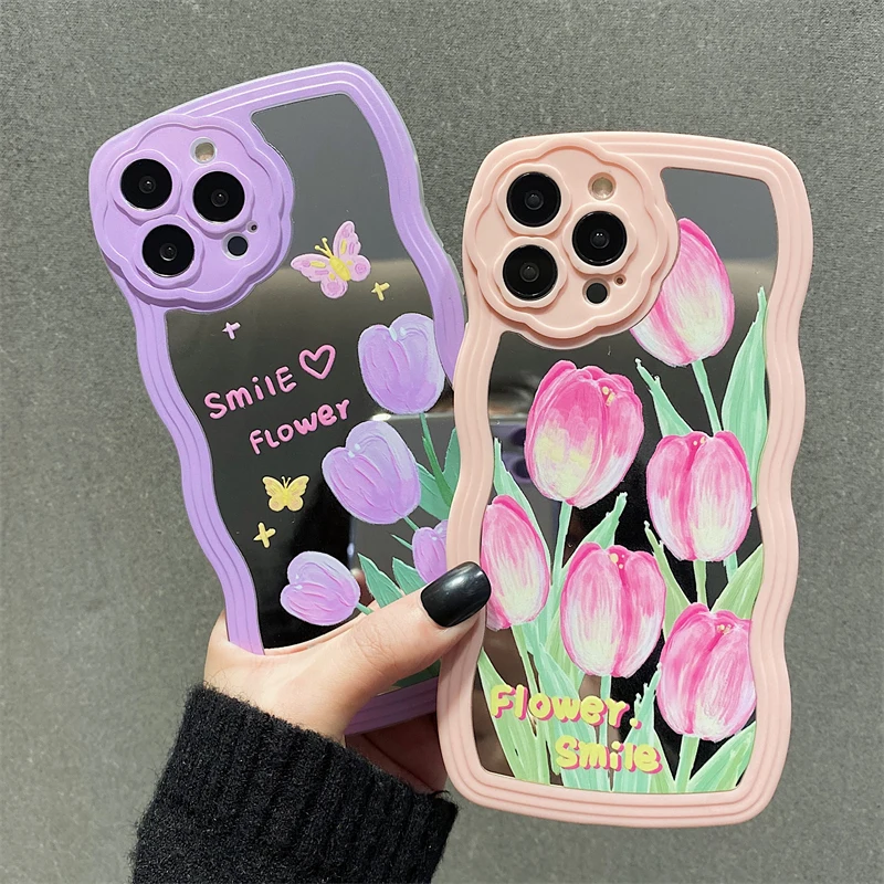 

Mirror Curly Wave Love Heart Tulip Case For iPhone 13 11 12 Pro Max XS XR X 7 8 Plus SE 2 3 Butterfly Flower Soft TPU Cover