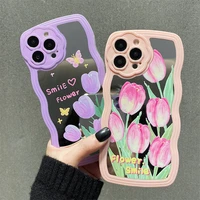 mirror curly wave love heart tulip case for iphone 13 11 12 pro max xs xr x 7 8 plus se 2 3 butterfly flower soft tpu cover