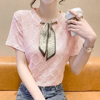 2022 summer new elegant fashion jacquard slim pullovers tops solid short sleeve casual knotted o neck t shirt womens clothing