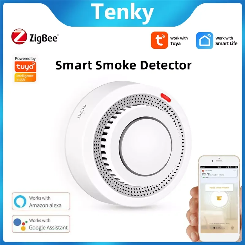

TENKY Tuya Smart Zigbee Smoke Detector With Low Voltage Monitor Smart Fire Protection Home Security Alarm Work With Zigbee Hub
