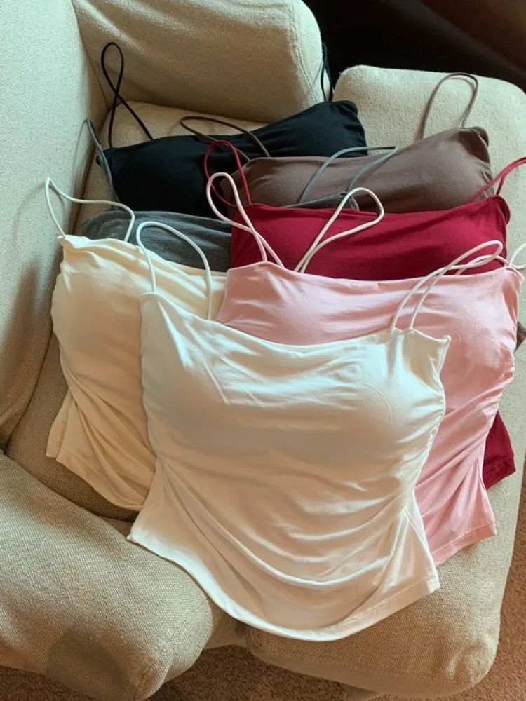 Корейский простой и универсальный плиссированный топ на бретельках для женщин