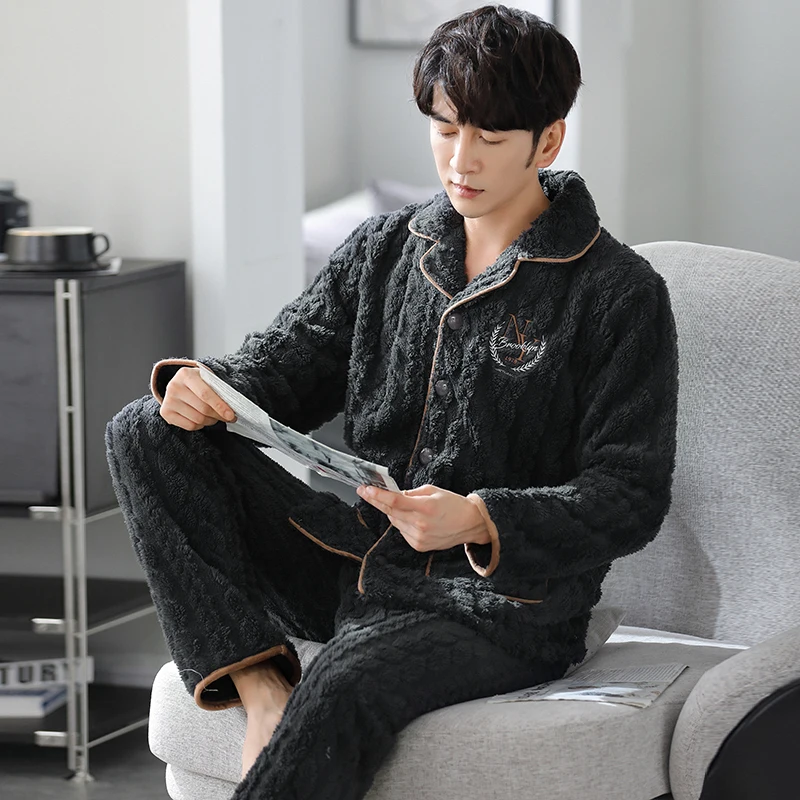 MIIOW Winter Men's Thermal Pajamas Flannel Thickened Warm Homewear Comfortable Soft Thermo Fleece Sleepwear Set for Man L-3xl