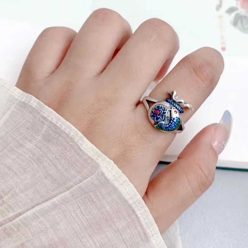 

YS S925 sterling silver Cloisonné koi fortune transfer ring female adjustable female personality niche classical ethnic style