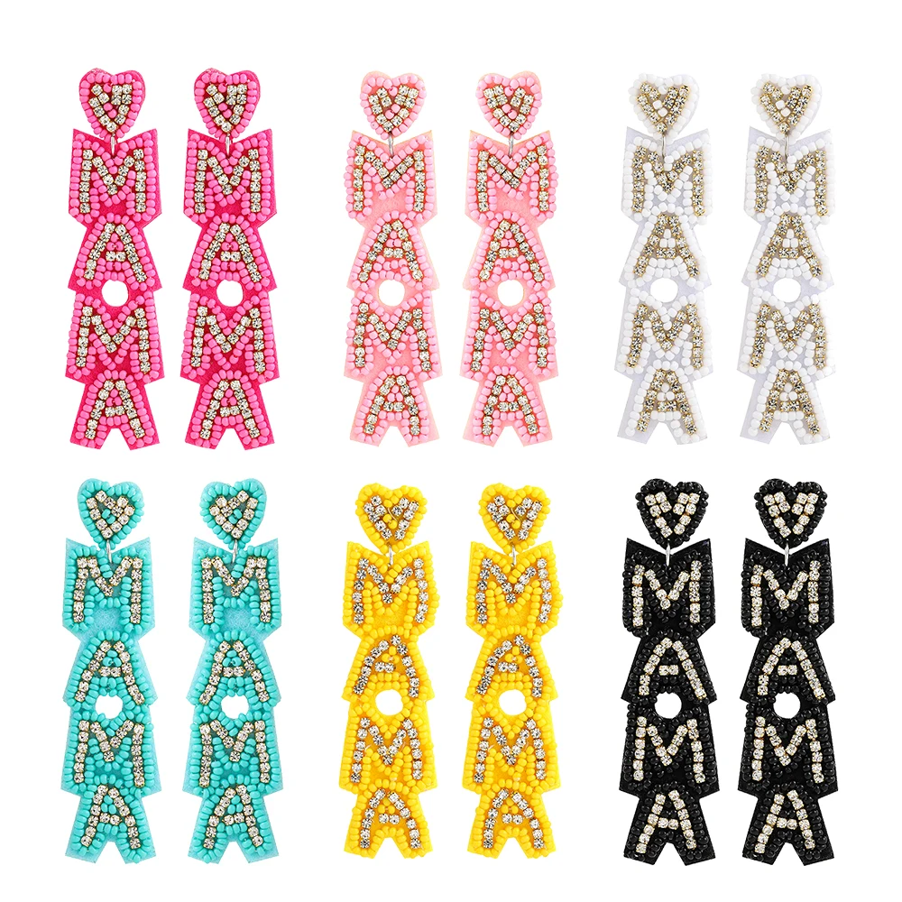 

MAMA Rhinestone Beaded Long Drop Earrings for Women Handmade Heart Letters Dangle Earring Bohemia Jewelry Gifts