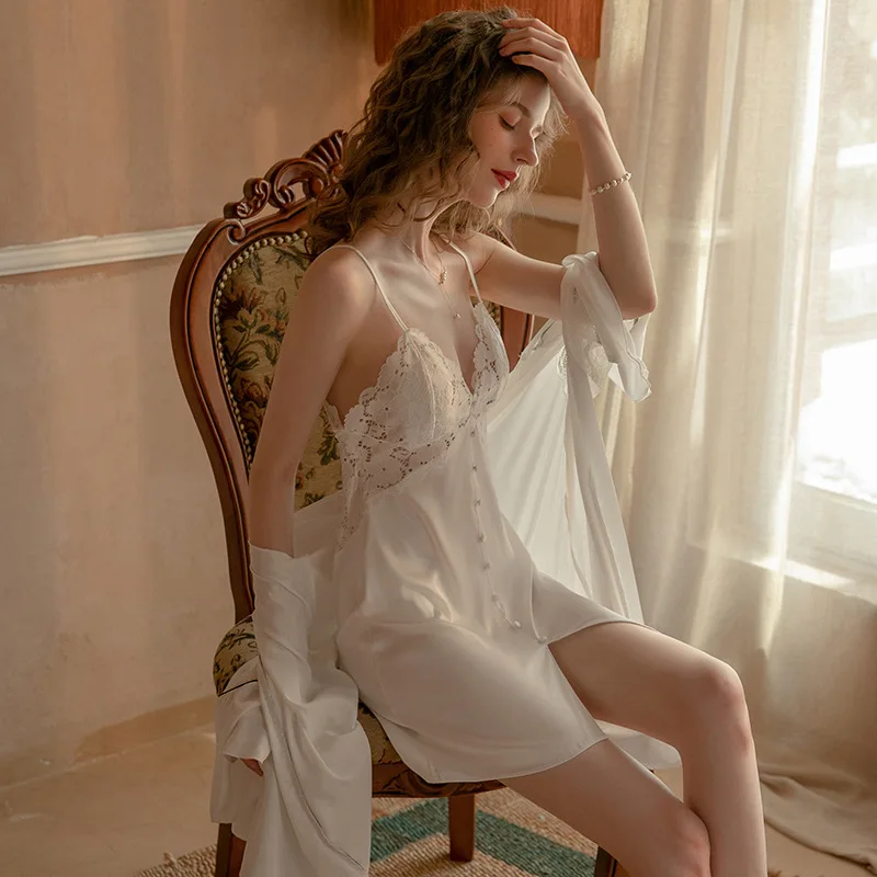 Summer Slung Nightdress Ice Silk Sexy 2022 New White Thin Pure Wind Lace Backless Sleepwear Women Set Pajama Sexy Night Dress
