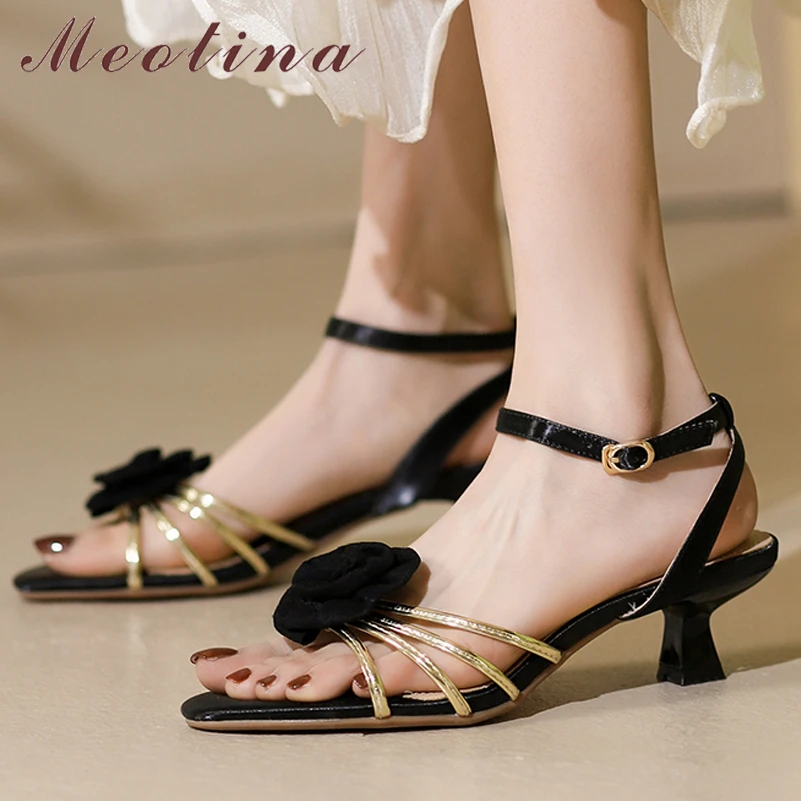 

Сандалии Meotina женские из натуральной кожи, босоножки с круглым носком, на тонком среднем каблуке, сандалии с узким ремешком и цветочным принтом, с пряжкой, цвет золото, лето