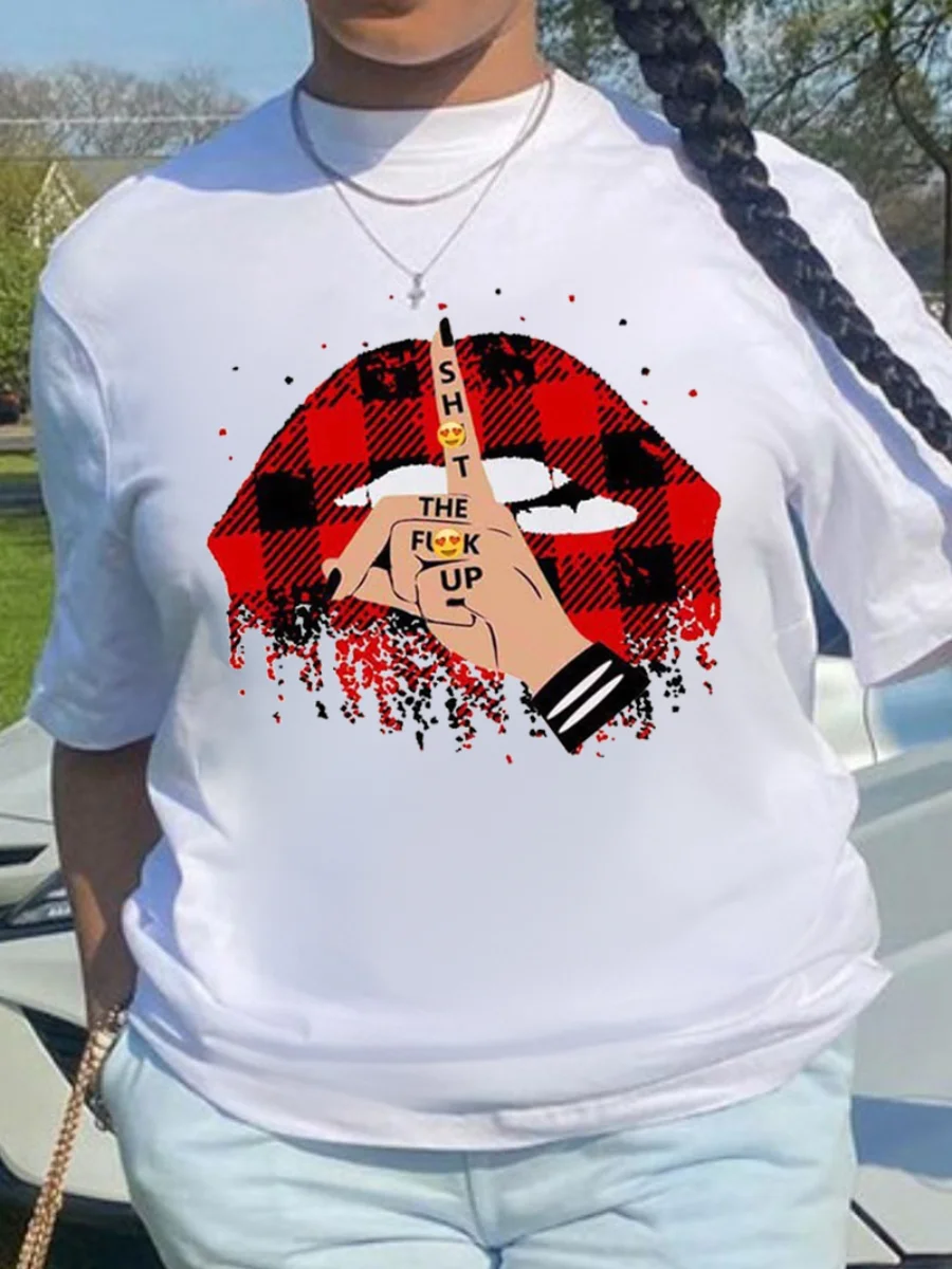 LW Plus Size Casual Plaid Lip Print White T-shirt Women's Clothing Summer Short Sleeves Tops Casual summer T Shirts Clothes