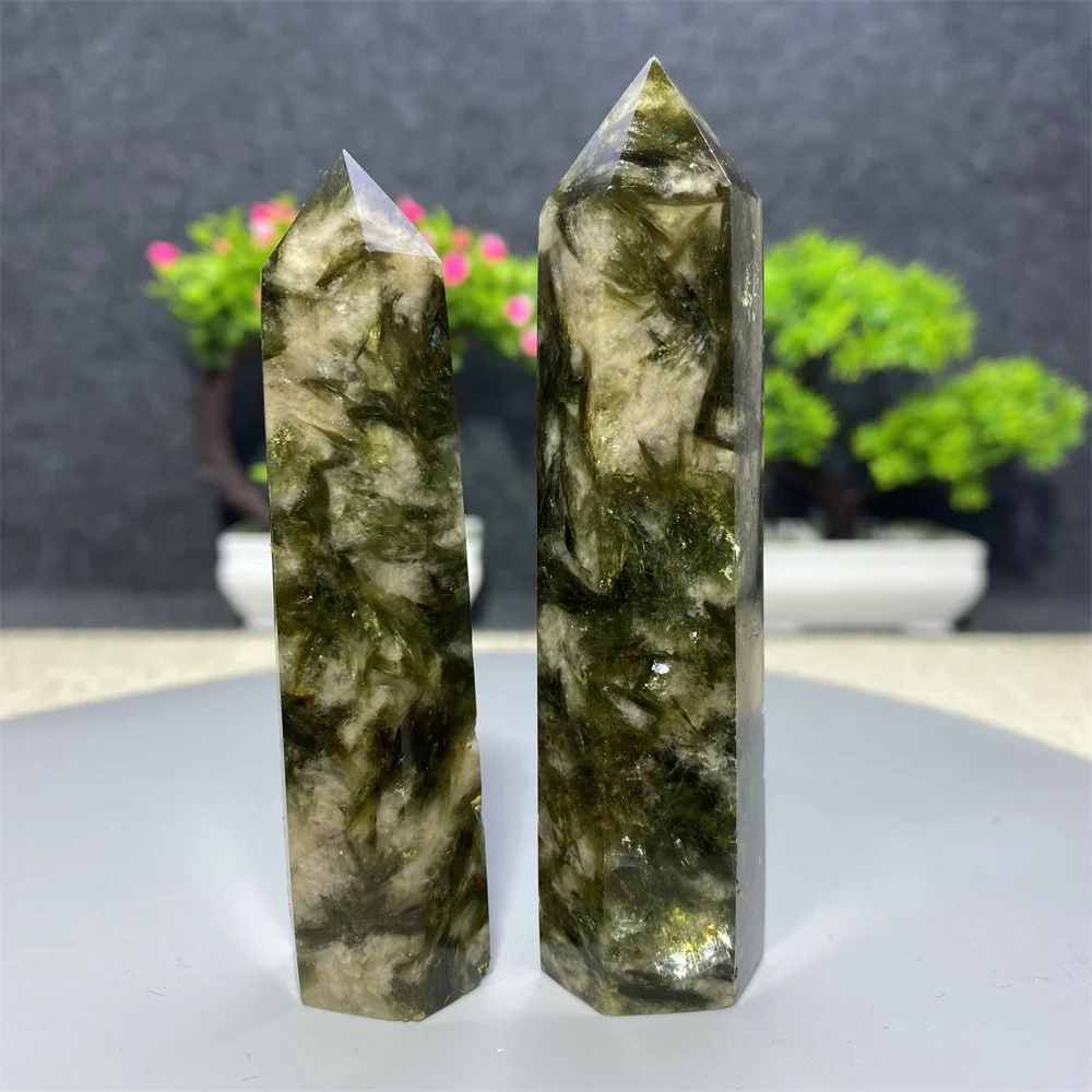 Зеленая слюдяная турмалиновая башня натуральный кристалл Кварцевая палочка