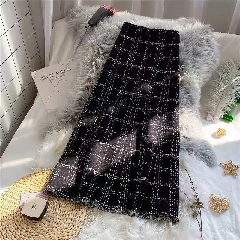 Woman High Waist Split Mid-length A-line Skirt Female Spring New Package Hip A-line Skirt Ladies Plaid Print A-line Skirts G56
