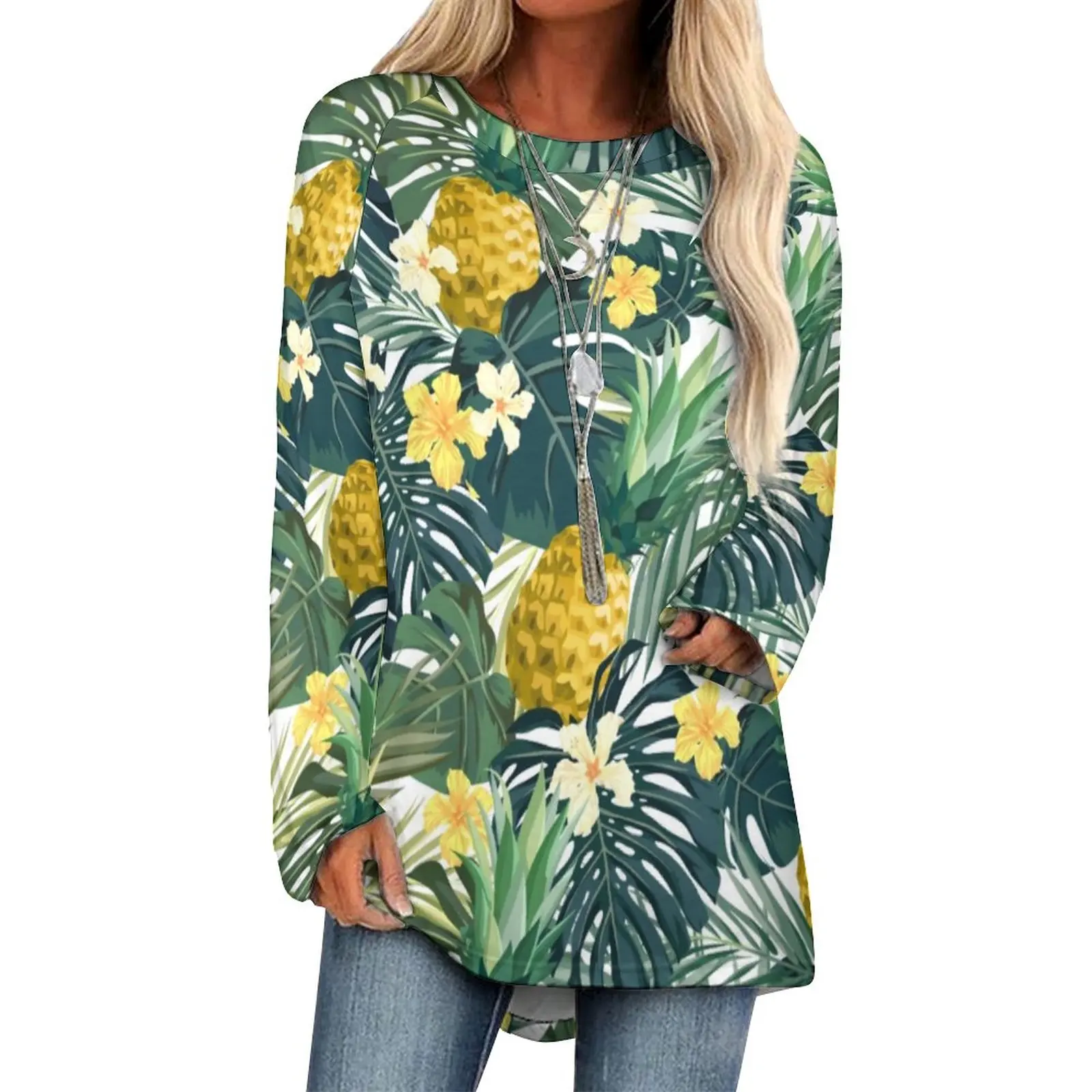 

Tropical Floral Print T-Shirt Light Pineapple Pretty Long Sleeve T Shirts Street Wear Oversize Tees Female Tops Birthday Gift