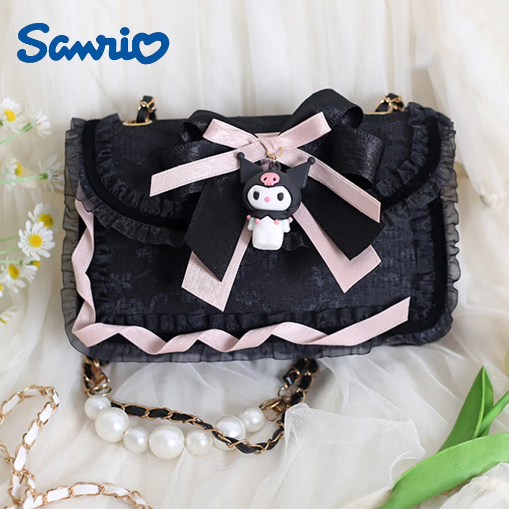 

Sanrio Kawaii Sweet Girl Satchel Jk Lolita Handbag Cartoon Kuromi Cinnamoroll My Melody Lace Pearl Chain Lipstick Storage Bag