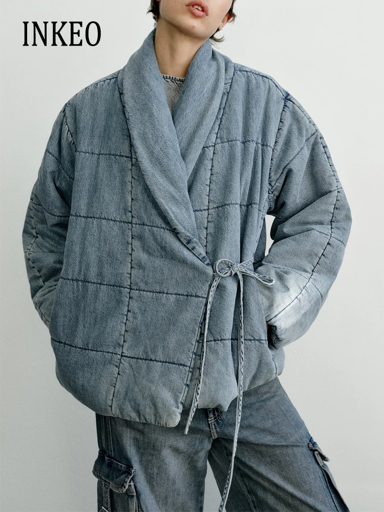 

Уличная Теплая стеганая джинсовая куртка, мягкое пальто, женская теплая зимняя мода 2024, шнуровка, воротник-шаль, верхняя одежда INKEO 3O328