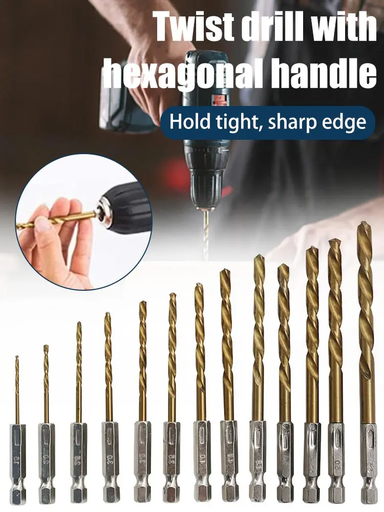 

13PCS HSS High Speed Steel Titanium Coated Drill Bit Set 1/4 Hex Shank 1.5-6.5mm Hexagonal Handle Twist Drill For Drilling Wood