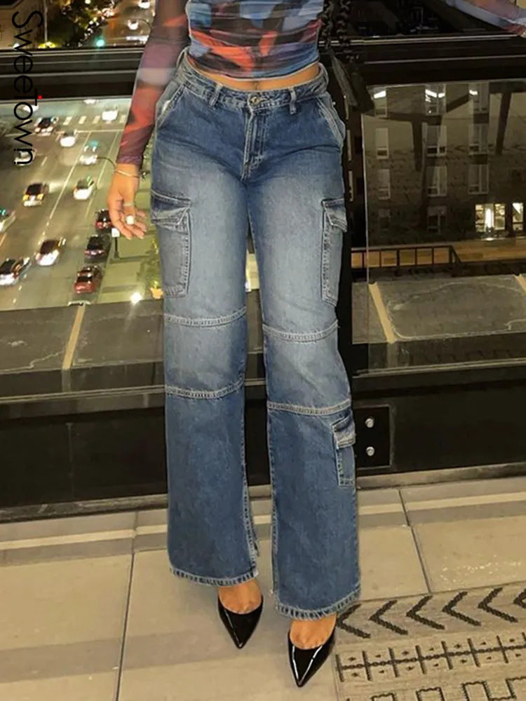 

Sweetown Stitched Pockets Streetwear Cargo Jean Trousers Women Blue Chic Washed Vintage 90s High Waist Straight Leg Denim Pants