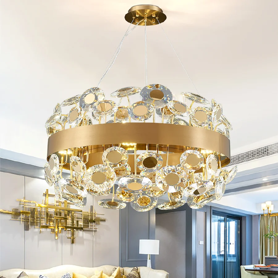 

Creative Design Crystal Chandelier Lighting Modern Gold Luxury Round Pendant Lemp Living Room Home Decor Hanging Light Fixture