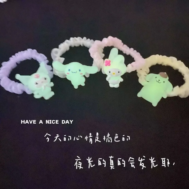 

New Kawaii Sanrio Anime Cinnamoroll My Melody Kuromi Hair Ring Luminous Big Intestine Shape Head Rope Baby Girl Girlfriends Gift