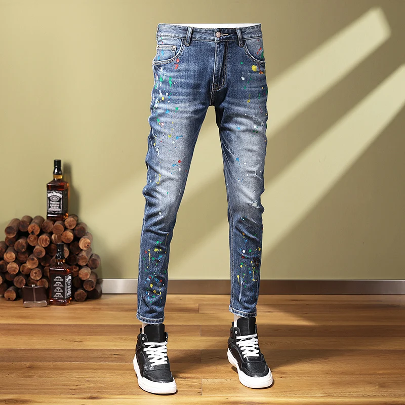 Streetwear Fashion Men Jeans Retro Blue Elastic Stretch Skinny Ripped Jeans Men Painted Designer Hip Hop Stretch Pants Hombre