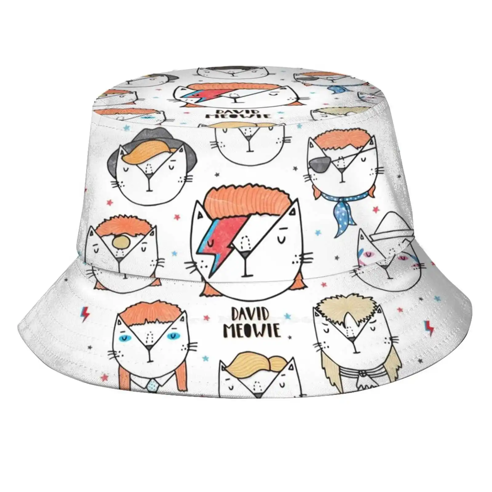 The 9 Lives Of David Meowie Uv Protection Foldable Bucket Hats Women Men Cat Animal Pun Music Ziggy Aladdin Sane Humour Stars